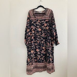C&C California Dark Floral Midi Dress Long Sleeve Black Pink Boho Drawstring XL